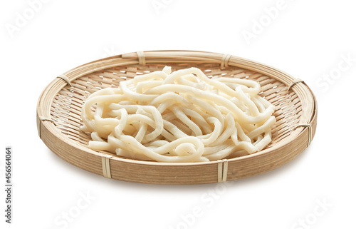 Vászonkép close up udon noodle in wood bowl isolated on white background with clipping pat