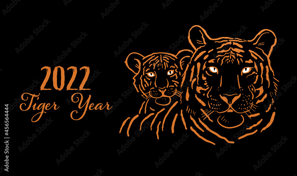 Greeting card with Tigers family. Symbol of 2022 New Year. Design Template for Christmas card, banner, poster, holiday decoration
