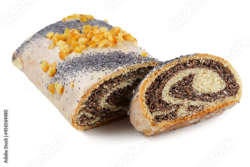 Poppy seed roll is a pastry consisting of a roll of sweet yeast bread (a viennoiserie) with a dense, rich, bittersweet filling of poppy seed and covered with icing glaze and candied orange peel.