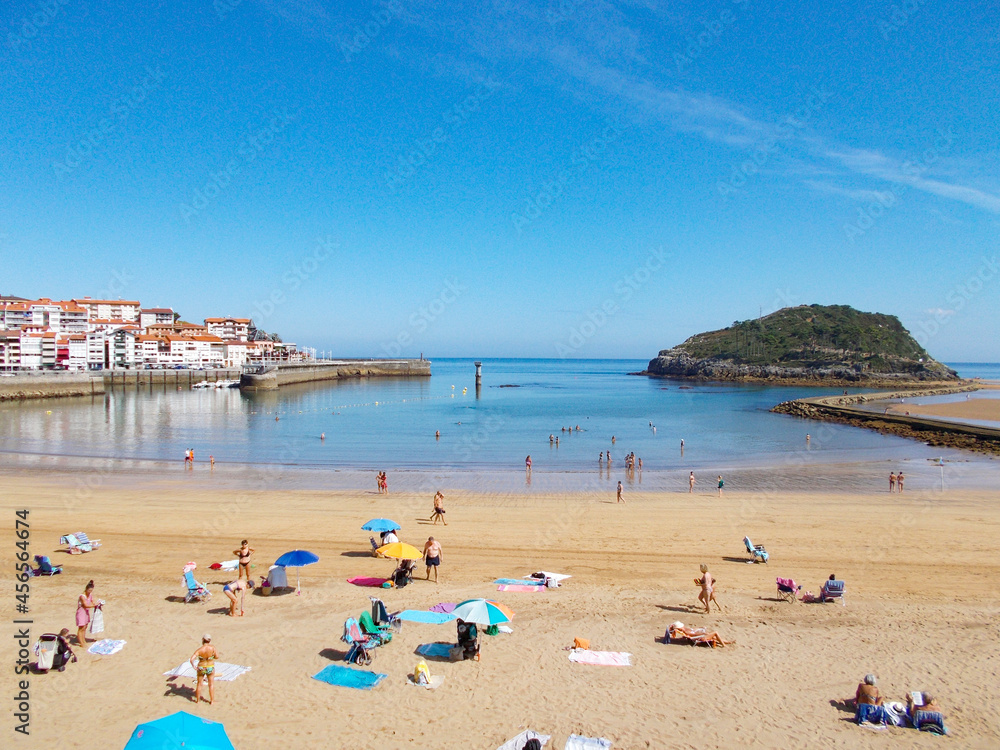 Port and beach of the municipality of Lekeitio-Lequeitio, in the Basque Country, north of Spain. Located next to the Cantabrian Sea. Europe. Horizontal photography.