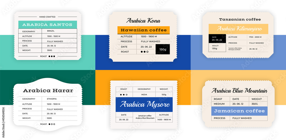 Coffee label. Minimalistic hipster sticker for Arabica packaging. Classic old stamps with text and beans roast infographic. Advertising print docket. Vector graphic promo templates set