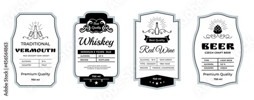Vintage alcohol label. Minimalistic stickers for whiskey and beer bottles. Wine or vermouth branding emblems. Drinks stamps layout with abstract ornament elements. Vector tags design set