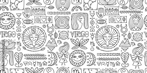 Virgo Zodiac Sign. Seamless pattern with design elements