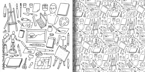 Set and seamless pattern with doodle art objects