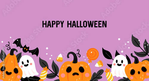 Halloween holiday banner design with cute jack o lantern pumpkin, ghost and leaves.