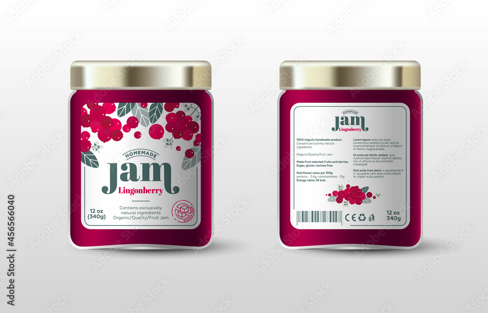 Lingonberry jam. Label for jar and packaging. Berries, leaves and flowers, text, stamp(sugar free). Lingonberry jam. Label for jar and packaging. Berries, leaves and flowers, text, stamp(sugar free).