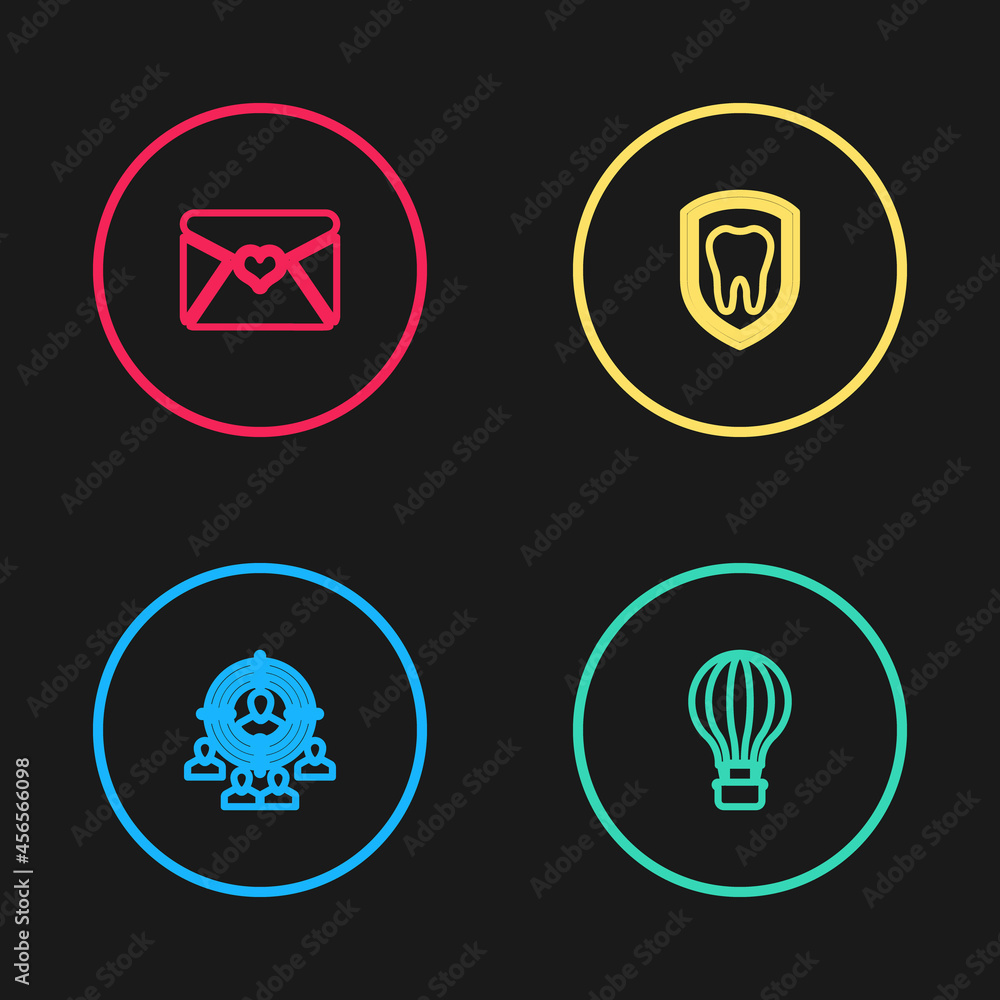 Set line Marketing target strategy, Hot air balloon, Dental protection and Envelope with Valentine heart icon. Vector