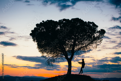 Silhouette of a young woman enjoying freedom at sunset. Tire swinging from a tree outdoors. Holiday concept.