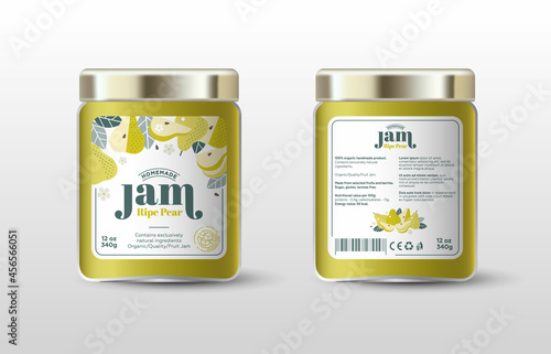Pear plum jam. Label for jar and packaging. Whole and cut fruits, leaves and flowers, text, stamp(sugar free).