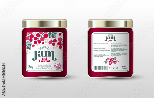 Red currant jam. Label for jar and packaging. Berries, leaves and flowers, text, stamp(sugar free).