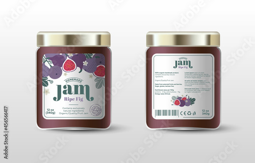 Fig jam. Label for jar and packaging. Whole and cut fruits, leaves and flowers, text, stamp(sugar free).