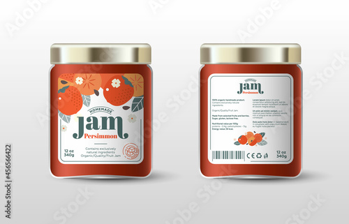 Persimmon jam. Label for jar and packaging. Whole and cut fruits, leaves and flowers, text, stamp(sugar free).
