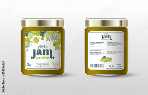 Gooseberry mix, wild berries jam. Label for jar and packaging. Berries, leaves and flowers, text, stamp(sugar free).