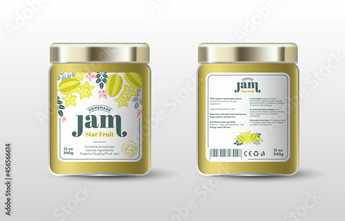 Starfruit (carambola) jam. Label for jar and packaging. Whole and cut fruits, leaves and flowers, text, stamp (sugar free). Emblem for jam, sweet , preserved food. Label, packaging for organic product