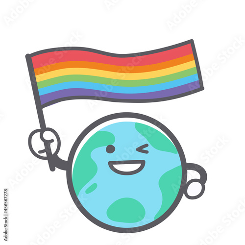 LGBTのレインボーフラッグを掲げる地球のイラスト