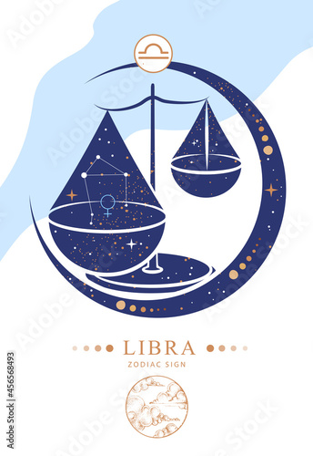 Modern magic witchcraft card with astrology Libra zodiac sign. Zodiac characteristic
