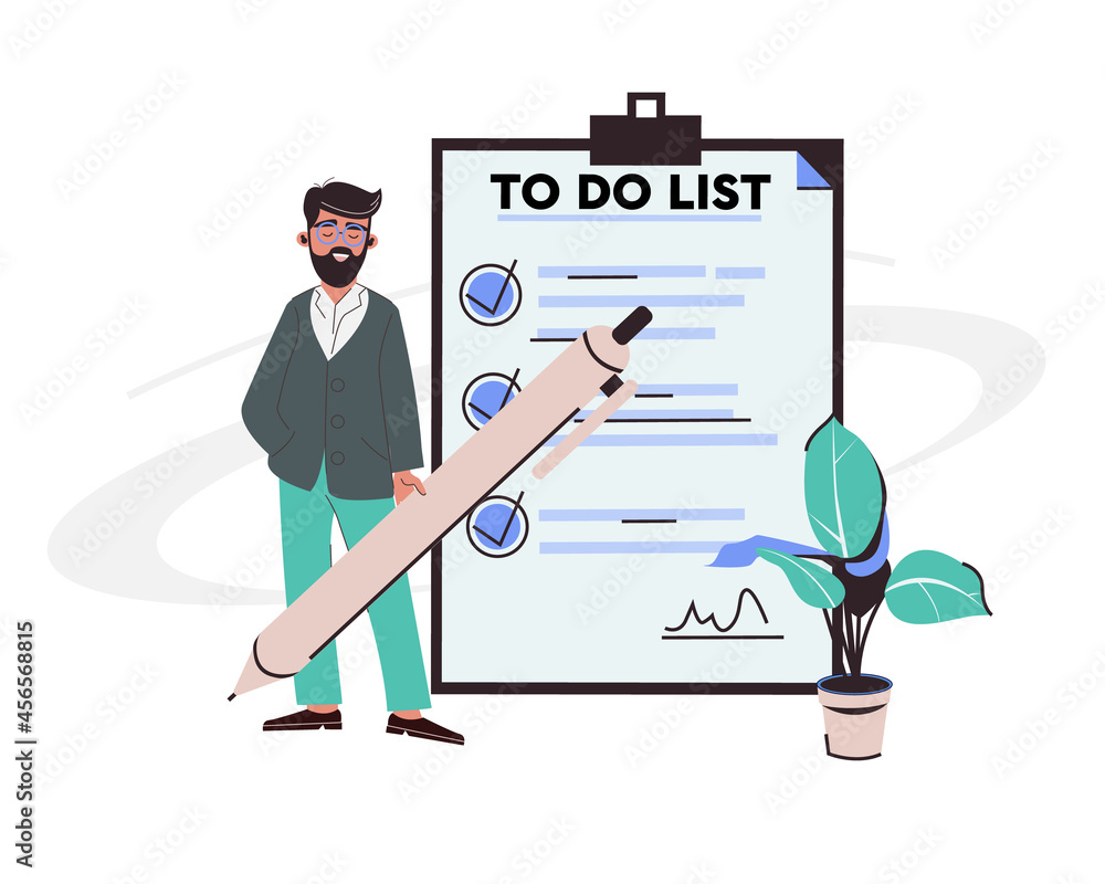 Month planning, to do list, time management. man is standing near large to do list. Plan fulfilled, task completed. Flat management  concept vector illustration isolated on white background 