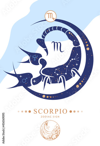 Modern magic witchcraft card with astrology Scorpio zodiac sign. Zodiac characteristic