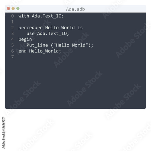 Ada language Hello World program sample in editor window