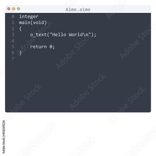 Aime language Hello World program sample in editor window