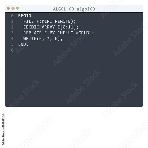 ALGOL 60 language Hello World program sample in editor window