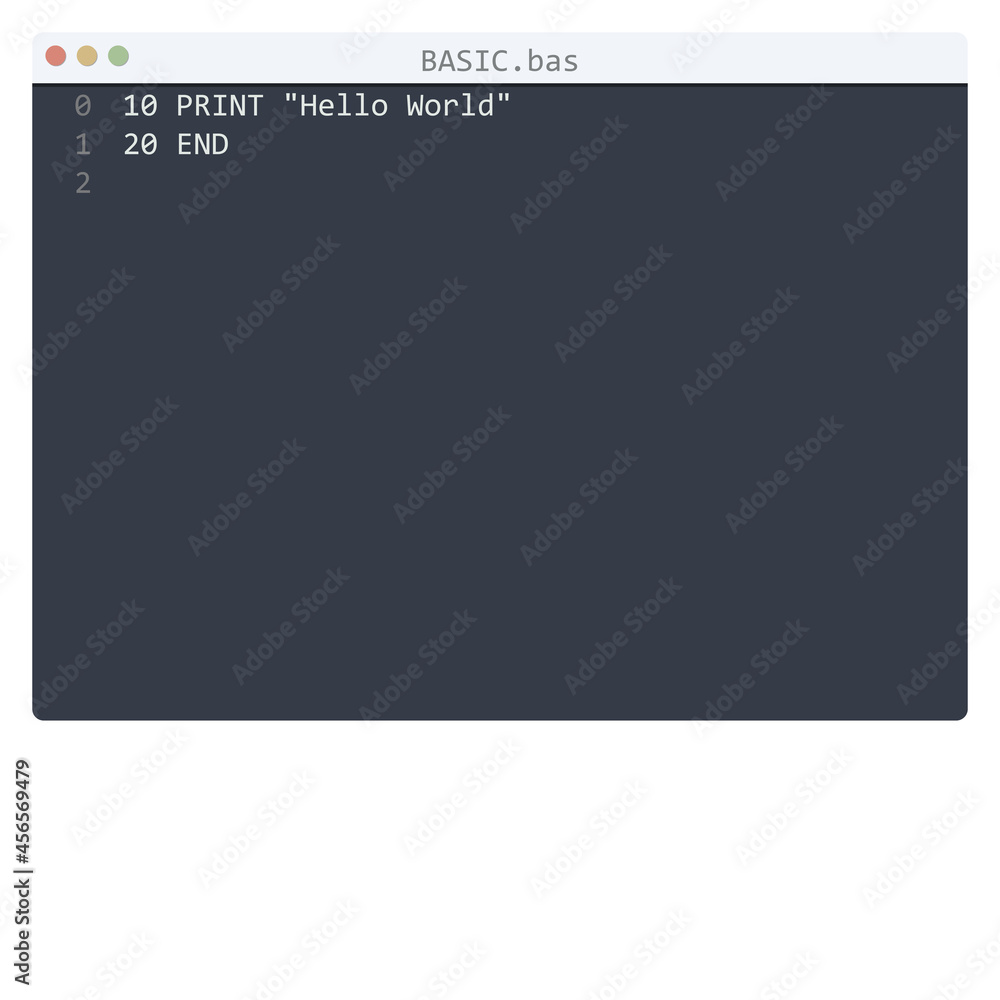 BASIC language Hello World program sample in editor window