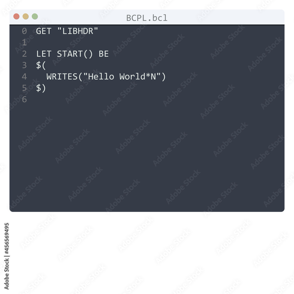 BCPL language Hello World program sample in editor window