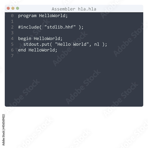 Assembler hla language Hello World program sample in editor window