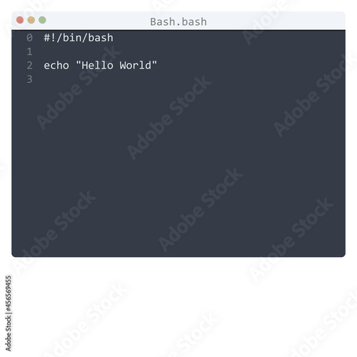 Bash language Hello World program sample in editor window