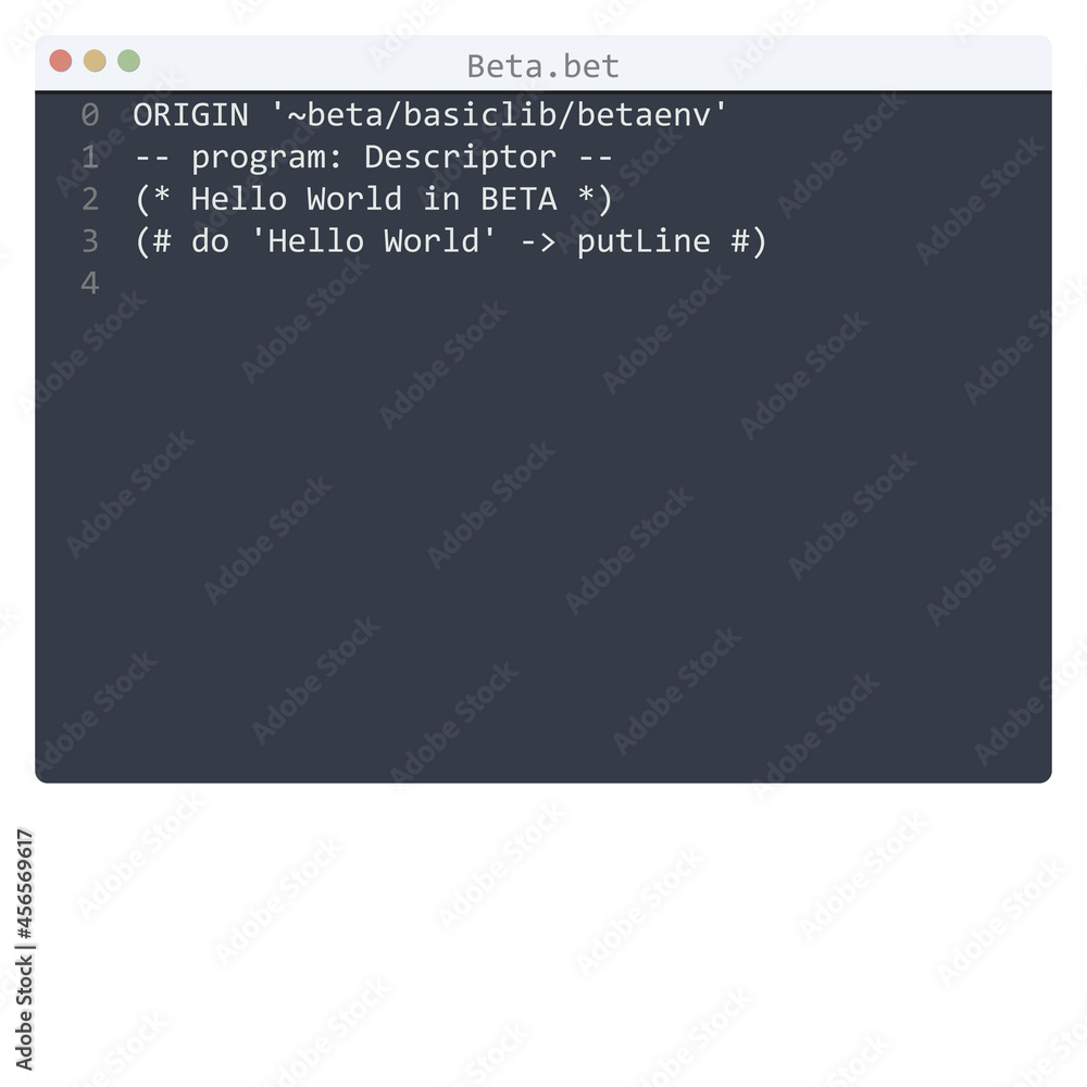 Beta language Hello World program sample in editor window Beta language Hello World program sample in editor window