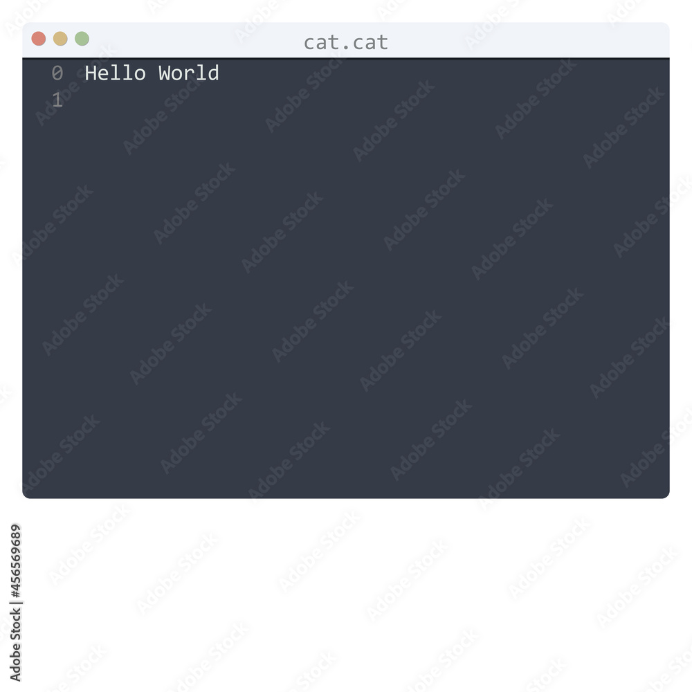 cat language Hello World program sample in editor window