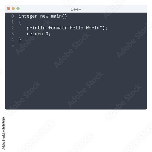 C+++ language Hello World program sample in editor window