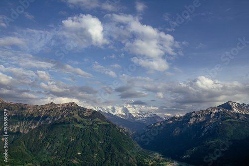 Aerial view of Interlaken and Swiss Alps Jungfrau through clouds from Harder Kulm View point