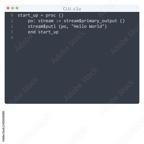 CLU language Hello World program sample in editor window