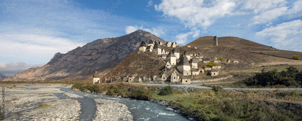 Medieval necropolis city of the dead in the mountains of the Caucasus. North Ossetia.