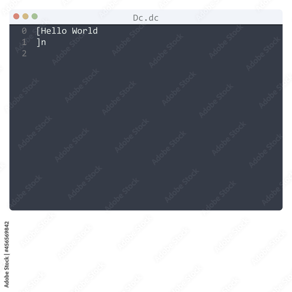 Dc language Hello World program sample in editor window
