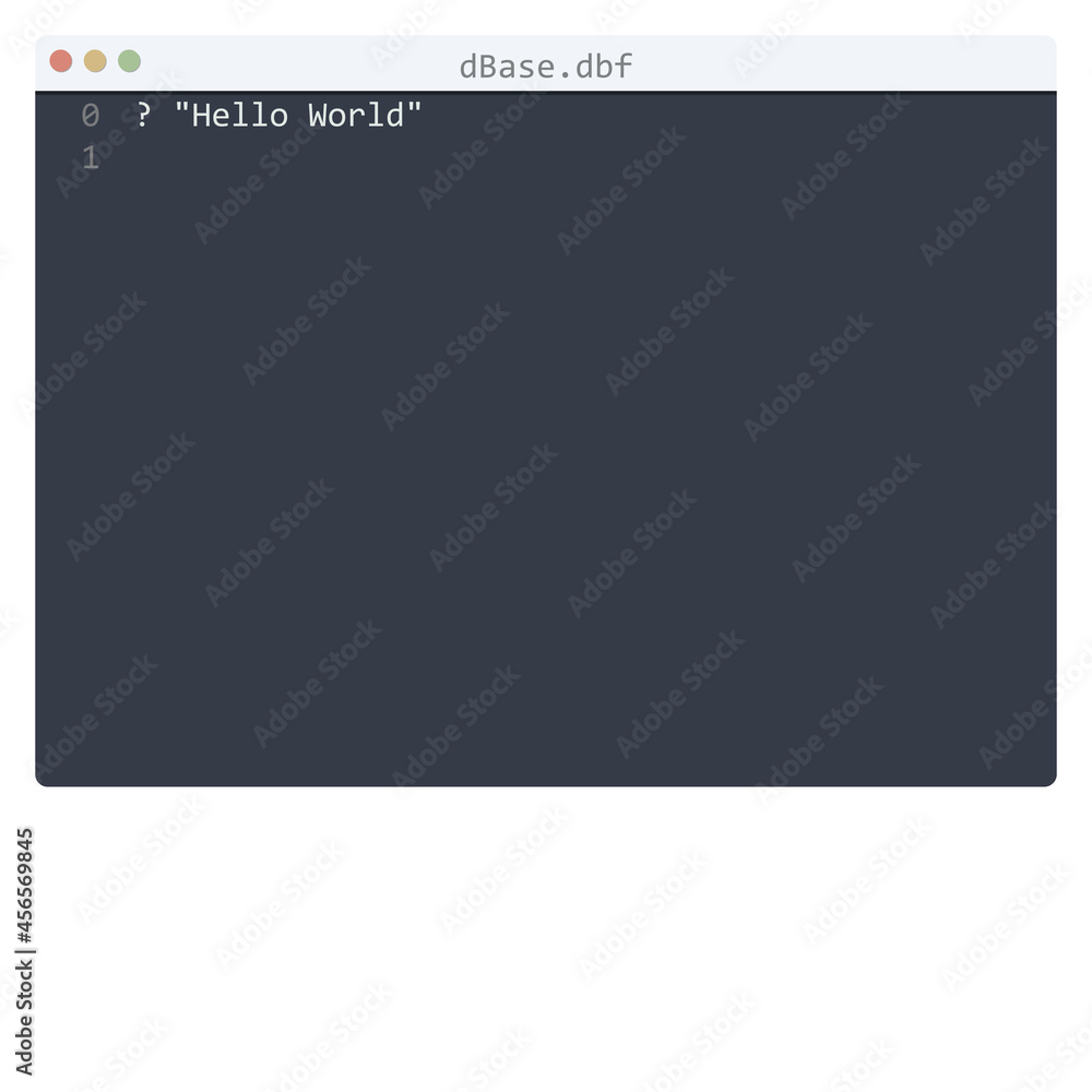 dBase language Hello World program sample in editor window