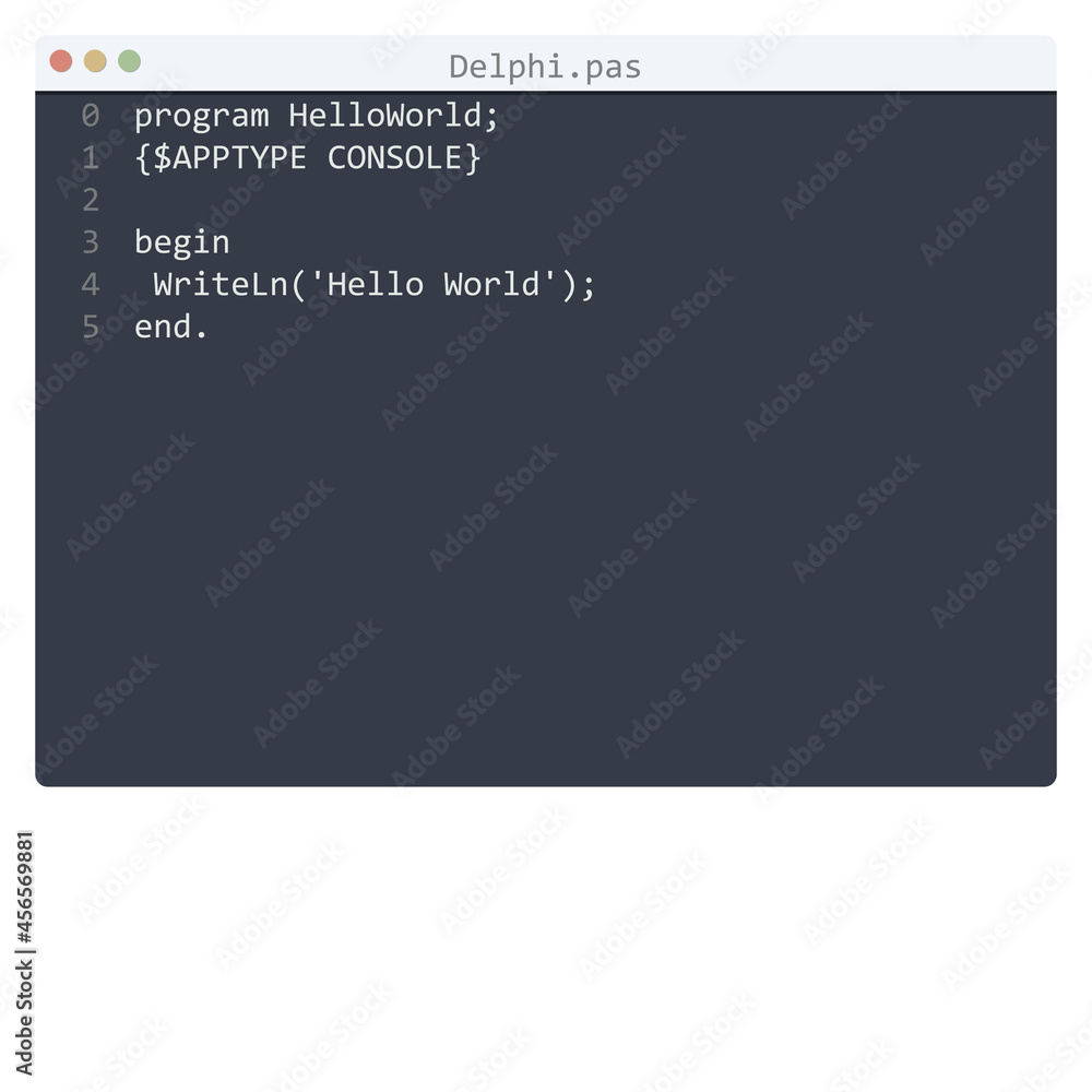 Delphi language Hello World program sample in editor window Delphi language Hello World program sample in editor window
