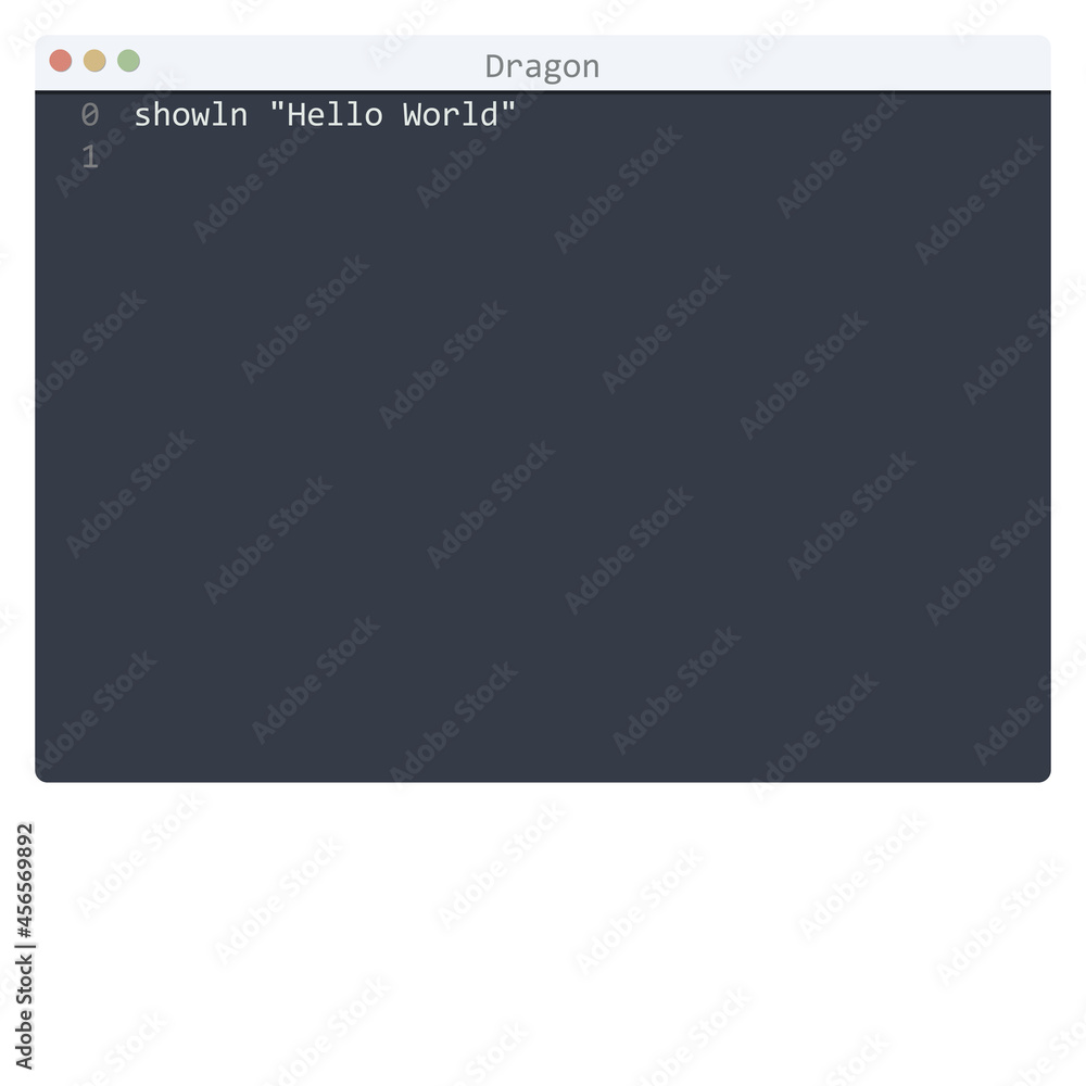 Dragon language Hello World program sample in editor window