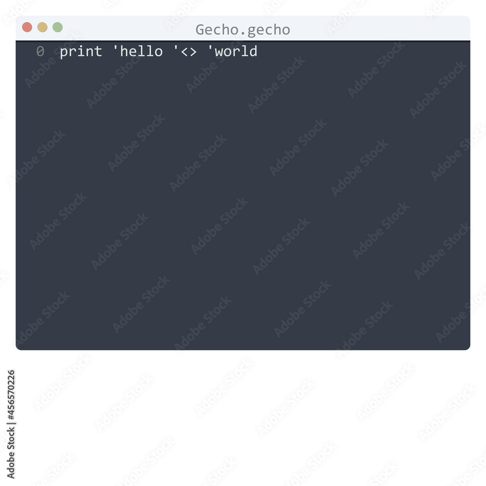 Gecho language Hello World program sample in editor window Gecho language Hello World program sample in editor window