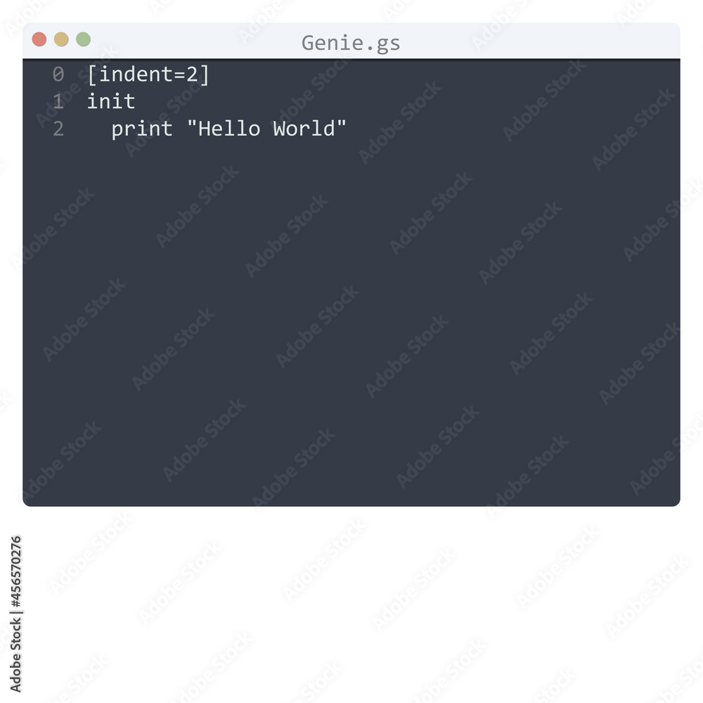 Genie language Hello World program sample in editor window Genie language Hello World program sample in editor window