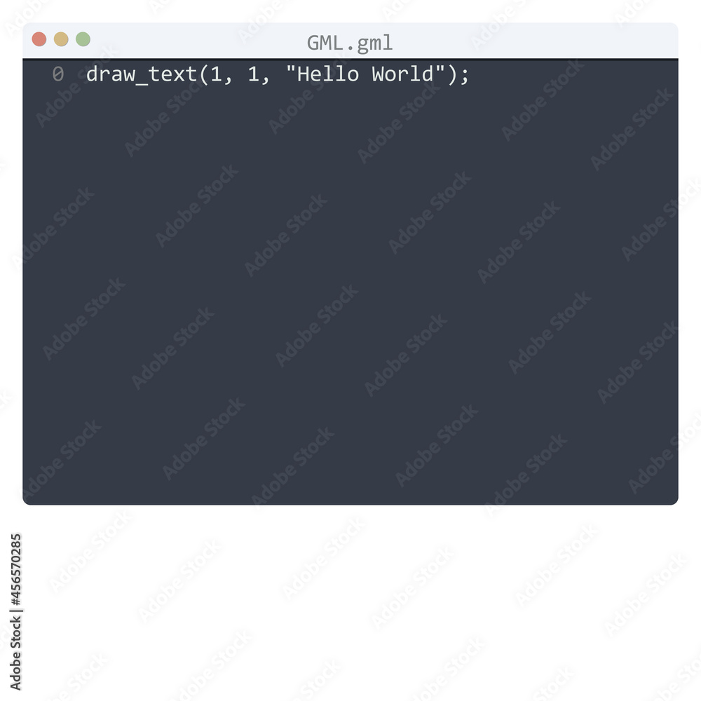 GML language Hello World program sample in editor window