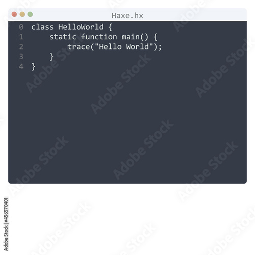 Haxe language Hello World program sample in editor window
