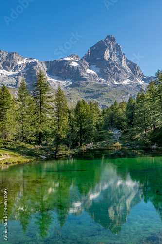 Beautiful vertical view of Lago Blu or Layet lake, Aosta Valley, Italy, in which the Matterhorn is reflected