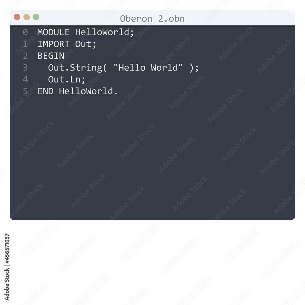 Oberon 2 language Hello World program sample in editor window Oberon 2 language Hello World program sample in editor window