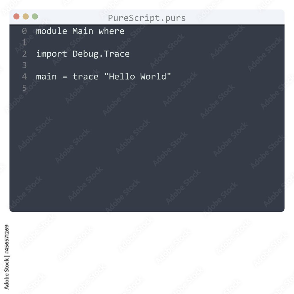 Obraz premium PureScript language Hello World program sample in editor window