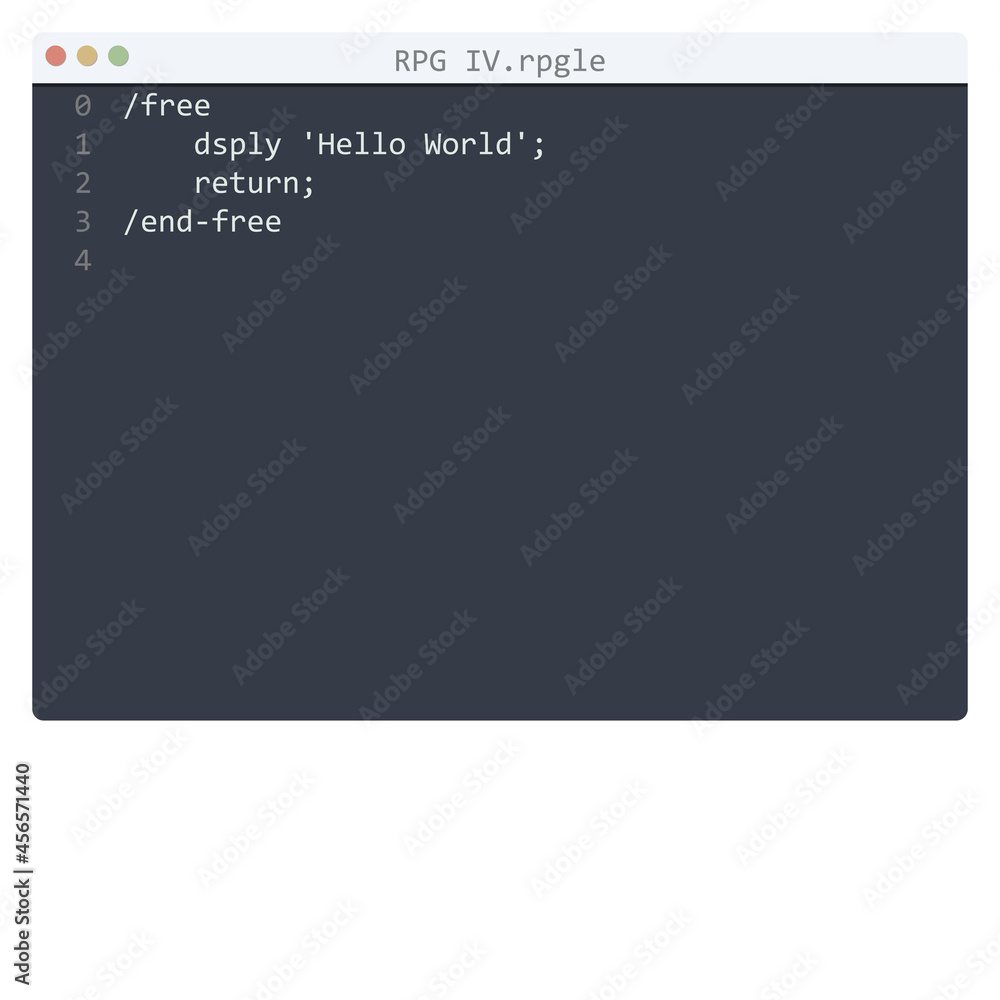 RPG IV language Hello World program sample in editor window