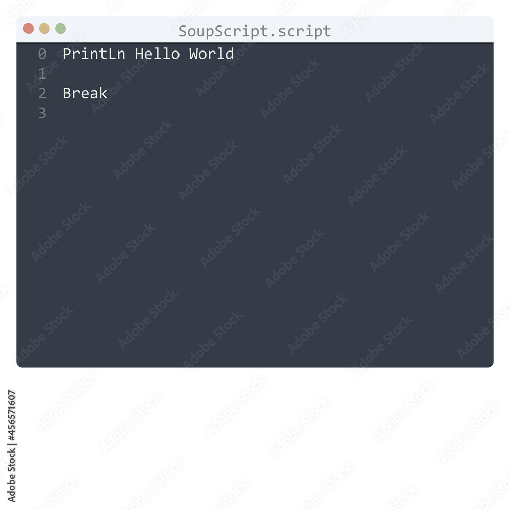 SoupScript language Hello World program sample in editor window