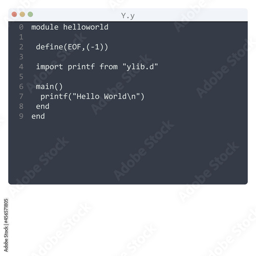 Y language Hello World program sample in editor window