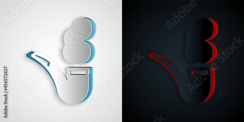 Paper cut Smoking pipe with smoke icon isolated on grey and black background. Tobacco pipe. Paper art style. Vector